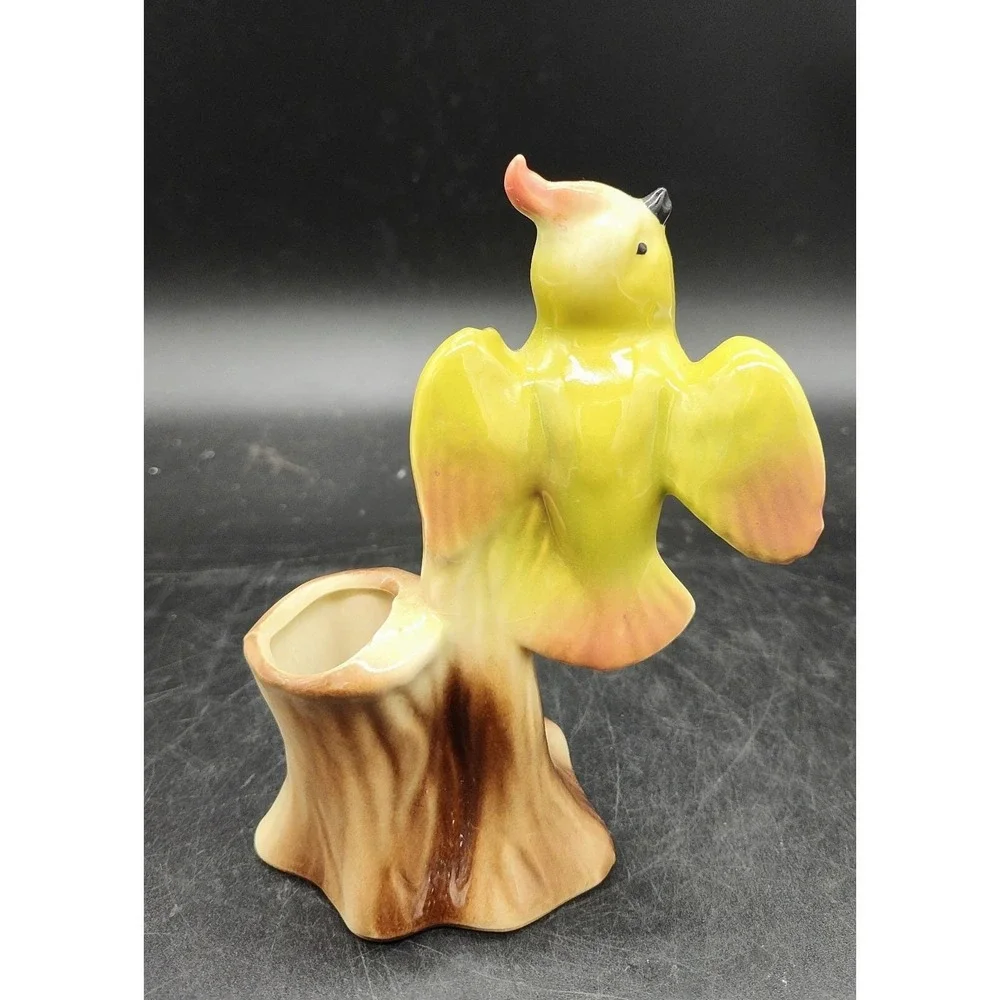 Vintage Bird Porcelain Vase Parakeet Parrot Yellow Planter Cockatoo Tree Stump
